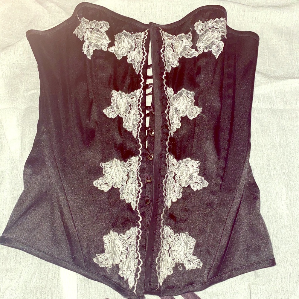 Black silk corset with front lace detail